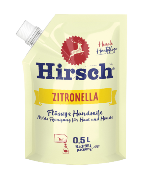 Hirsch Zitronella, Fluessige Handseife, Nachfuellbeutel ohne Pumpe, 500ml